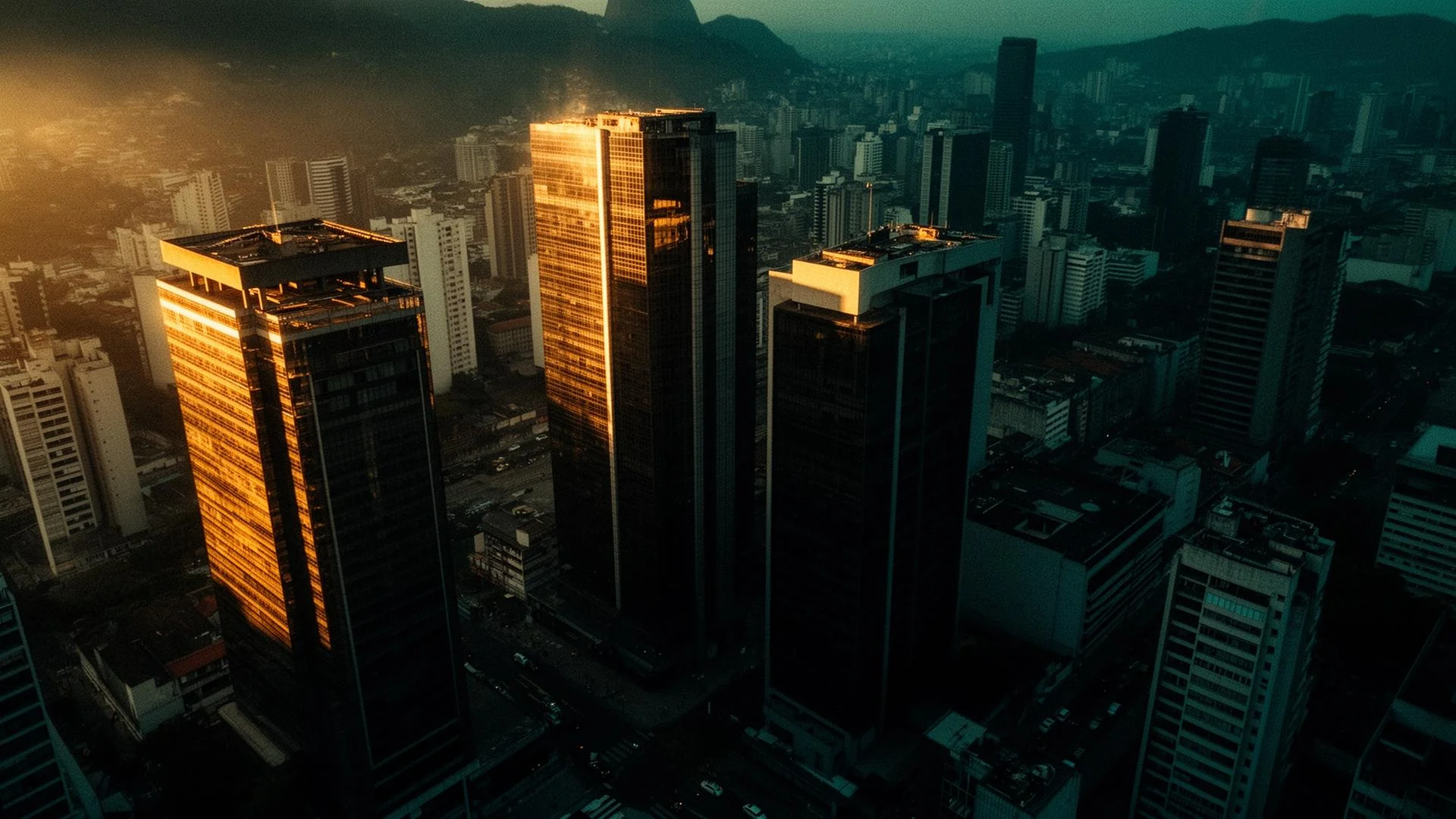 Vista aérea de empreendimentos imobiliários ao entardecer